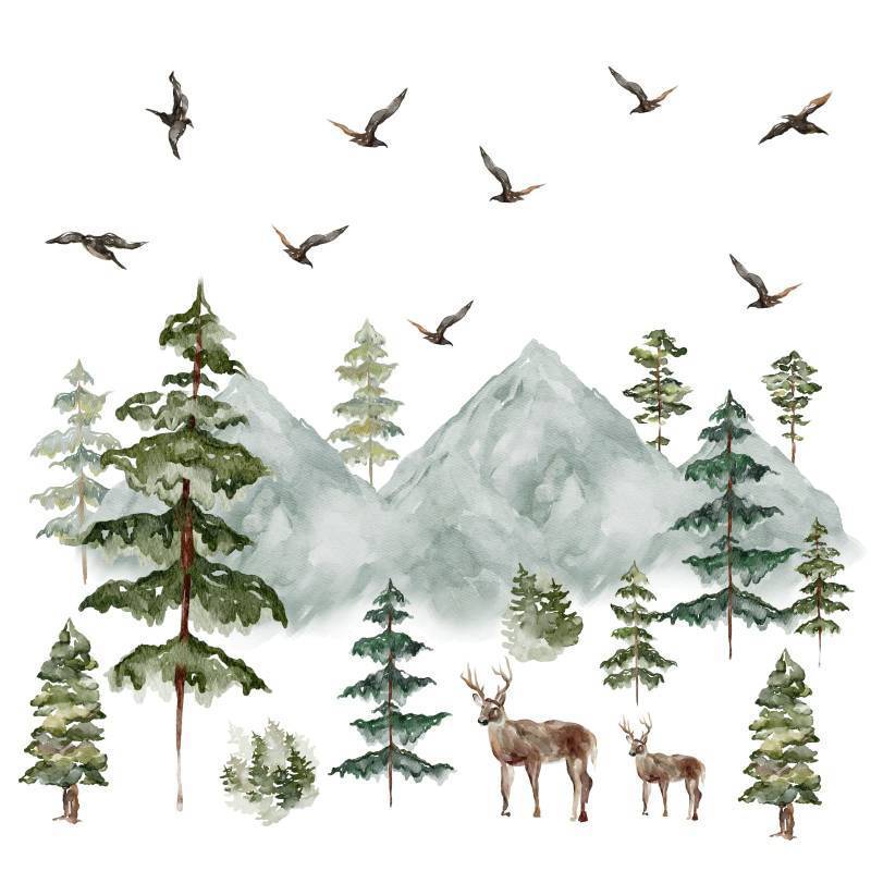 lot 2059 image: Mountain Wall Decals Large Pine Tree Wall Decals Peel and Stick Forest Tree Deer Birds Woodland Animal Wall Decals Mountain Tree Wall Stickers for Kids Room Nursery Decor Retail $18.74