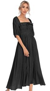lot 2112 image: R.Vivimos Women Summer Half Sleeve Cotton Ruffled Vintage Elegant Backless A Line Flowy Long Dresses (16-18 Black#1) - Retail $41