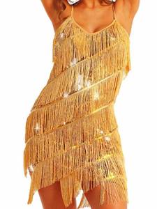 lot 2113 image: Zehope Fringe Bodycon Dress Glitter Sequin Dresses Latin Dance Cocktail Tassel Costume for Women (US, Large, Gold) - Retail $37