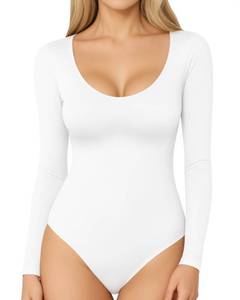 lot 2116 image: MANGOPOP Long Sleeve Bodysuits for Women Scoop Neck Ribbed Body Suit Stretchy Basic T Shirt Tops, white, X-Large - Retail $25
