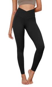 lot 2128 image: ODODOS Womens Cross Waist Full Length Yoga Leggings with Inner Pocket, Inseam 28 Gathered Crossover Workout Yoga Pants, Black, Large - Retail $24