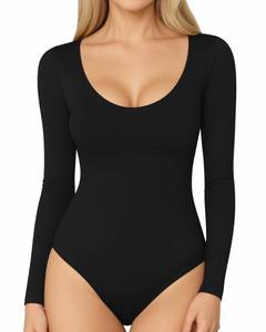 lot 2137 image: MANGOPOP Long Sleeve Bodysuits for Women Scoop Neck Ribbed Body Suit Stretchy Basic T Shirt Tops, black, Large - Retail $20