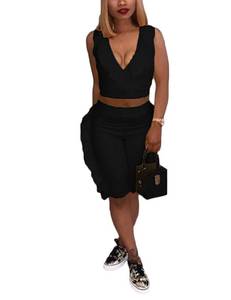lot 2139 image: Womens Ruffle Two Pieces Outfits Sleeveless V Neck Crop Tops and Shorts Pants Set Tracksuit Black M - Retail $28