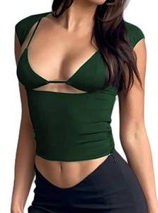 lot 2144 image: LovelyWholesale Womens Sexy Backless Crop Top 2 Piece Outfit Cut Out Summer Shirts Green X-Large - Retail $0
