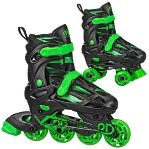 lot 1106 image: Roller Derby Green Wire Kids Adjustable Inline-Quad Combo Skates - BlackGreen M (3-6) IndoorOutdoor Use, Padded Collar - Retail $50