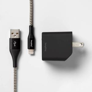 lot 1133 image: 2-Port Wall Charger 15W USB-C & 5W USB-A (with 6 Lightning to USB-A Cable) - heyday BlackGold phone charging block - Retail $30