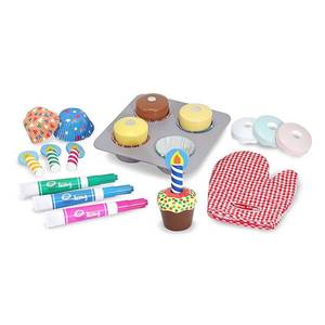 lot 1172 image: Melissa & Doug Bake and Decorate Wooden Cupcake Play Food Set Creative Thinking Pretend Kitchen Accessory, 29 Pcs - Retail $500