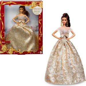 lot 1174 image: Barbie Signature 2025 Holiday Barbie Fashion Doll, Seasonal Collector, Light Brown Hair with Silver & Gold Gown - Retail $45