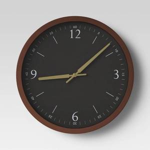 lot 1236 image: 20in Walnut Woodgrain Wall Clock Black - Threshold Modern Analog Display, Indoor Decorative Timepiece FRAME DEFECTS FROM TAPE - Retail $83