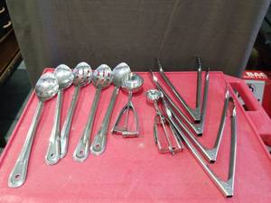 lot 3202 image: Stainless Steel Kitchen Utensil Set with Serving Spoons and Tongs