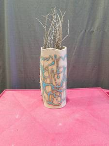 lot 3213 image: Handcrafted Ceramic Vase with Turquoise Inlay and Natural Branch Arrangement