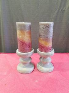 lot 3216 image: Candle Holders with Multi-Colored Layered Pillar Candles