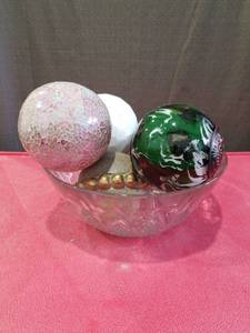 lot 3222 image: Decorative Glass Orbs with Crystal Bowl Set