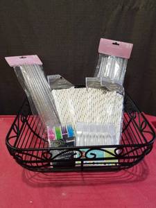 lot 3228 image: Party Supply Bundle with Straws and Cocktail Forks in Wire Basket