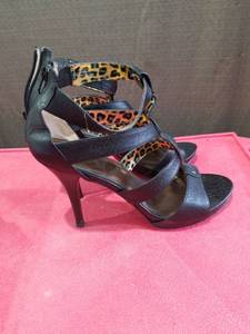 lot 3309 image: Bisou Bisou Michele Bohbot Black Leather Strappy High Heel Sandals Size 11