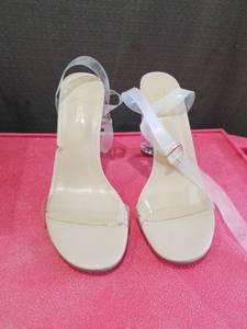 lot 3311 image: Clear Perspex Block Heel Sandals with Ribbon Straps Size 10