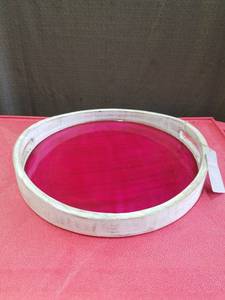 lot 3355 image: Crofton Natural Mango Wood Round Serving Tray with Handles