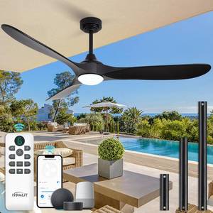 lot 5188 image: Homlit 60 Outdoor Ceiling Fan with Light 3 Downrods, Smart Wood Ceiling Fan Compatible with AlexaGoogleApp, 3 Blades Modern Black Wood Ceiling Fans for Kitchen Living Room Patio - Retail $180