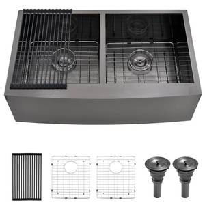 lot 5192 image: Luckyhorse 33 Inch Gunmetal Black Undermount Double Bowl Kitchen Farmhouse Sink, 16 Gauge Deep Gunmetal Black Stainless Steel 33x20 Undermount Double Bowl Kitchen Sink with Apron Front Retail $339.99