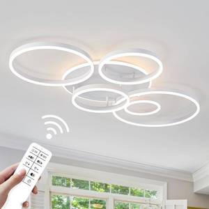 lot 5193 image: ONEELDY Modern LED Ceiling Light White Flush Mount Ceiling Lights Fixtures Dimmable 47 Dining Room Light Fixture with Remote 6 Rings Kitchen Lighting Fixtures Ceiling Lamp for Bedroom,Living Room - Retail $144