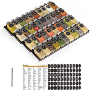 lot 5197 image: SpaceAid Spice Drawer Organizer with 40 Spice Jars, 386 Spice Labels, 4 Tier Seasoning Rack Tray Insert for Kitchen Drawers, 18.5 Wide x 17.5 Deep - Retail $70