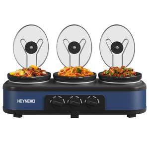 lot 5198 image: Triple Slow Cooker, 3 - 1.5 QT Buffet Servers and Warmers, 3 Pots Buffet Slow Cooker Adjustable Temp Lid Rests Stainless Steel Manual Silver for Parties Holidays Families,Blue - Retail $90