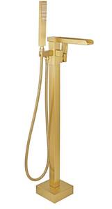 lot 5206 image: FBUKE Free Standing Tub Faucet Brushed Gold, Floor Mount Freestanding Tub Faucets, Brass Stand Alone Tub Filler, Waterfall High Flow Bathtub Shower Mixer Tap - Retail $150