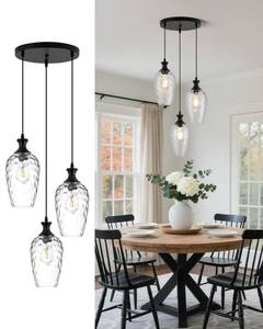 lot 5210 image: SADUENFR 3-Light Pendant Lighting, Black Dining Room Chandelier Light Fixture Over Table with Hammered Glass, Modern Cluster Hanging Lights for Kitchen Island Sink, E26 - Retail $120