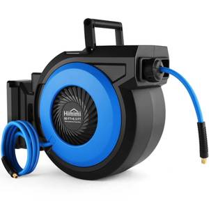 lot 5219 image: 80FT  6.5FT Retractable Air Hose Reel, Wall Mount Pneumatic Hose Reel for Garage Workshop, Automatic Rewind, 38 x 80 Hybrid Air Hose with Brass Fittings  Bend Restrictors, 300PSI - Retail $114