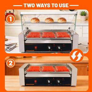 lot 5221 image: Hot Dog Roller Machine, 5 Rollers 12 Hot Dog Capacity 750W Stainless Dual Temp Control Glass Acrylic Hood, Bun Warmer Shelf Removable Drip Tray, ETL Certified, Commercial & Party Hot Dog Machine Use - Retail $179