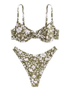 lot 2217 image: ZAFUL Womens Twist Front Bikini Sets Underwire Tie Back Bikini High Waisted Two Piece Swimsuit (1-Floral Green, M)
