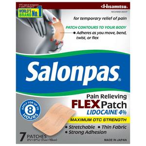 lot 2273 image: Salonpas Maximum OTC Strength Lidocaine 4% Pain Relieving Flex Patch, Apply for Up to 8 Hours, Unscented, Thin, Flexible, Lightweight, Patch Stays in Place, 7 Patches