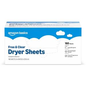 lot 2307 image: Amazon Basics Dryer Sheets Laundry Fabric Softener, Free & Clear, Hypoallergenic, Free of Fragrances, Softening Agent, Dermatologist Tested, 160 Count