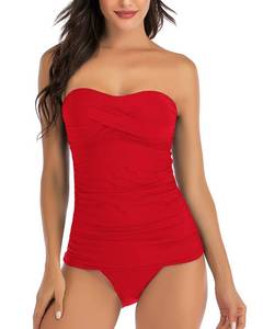 lot 2310 image: Shuangyu Womens Tankini Bathing Suits Plus Size Swimwear Tummy Control Two Piece Swimsuits with Mid Waist Briefs Red Medium