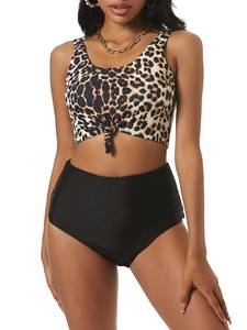 lot 2317 image: ZAFUL Womens Scoop Neck Tropical Leaf Knotted Two Pieces Tankini Set Swimsuit (0-Leopard, M)