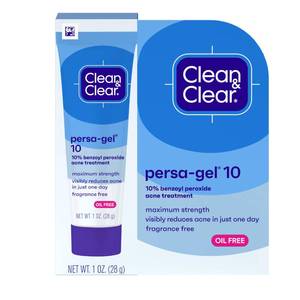 lot 2327 image: Clean & Clear Persa-Gel 10 Oil-Free Acne Spot Treatment with Maximum Strength 10% Benzoyl Peroxide, Topical Pimple Cream Visibly Reduces Acne in One Day, Fragrance-Free, 1 fl. oz