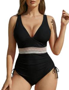 lot 2358 image: Womens One Piece Swimsuits Tummy Control Bathing Suits for Womens Color Block Drawstring V Neck Slimming Swimwear Swim Suits Sexy Cute Push Up Ruched Deep Modest Teen Girl Curvy Swimming Black L