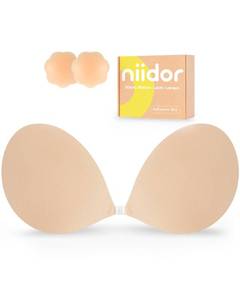 lot 2369 image: Niidor Adhesive Bra Strapless Sticky Invisible Push up Silicone Bra for Backless Dress with Nipple Covers Nude(A Cup)
