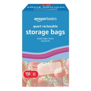 lot 2381 image: Amazon Basics Reclosable Quart Food Storage Bags with Double Zipper Seal, BPA Free, 150 Count