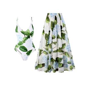 lot 2395 image: Womens One Piece Swimsuit with Cover up Wrap Skirt Floral Sarong Tummy Control Beach Set Bathing,Green,L