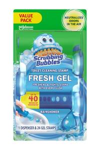 lot 2424 image: Scrubbing Bubbles Fresh Gel Toilet Bowl Cleaning Stamps, Helps Keep Toilet Clean and Helps Prevent Limescale & Rings, Rainshower Scent, 1 Dispenser with 24 Fresh Gel Stamps