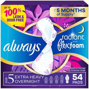 lot 2426 image: Always Radiant Feminine Pads for Women, Flexfoam Pads with Wings, Size 5, Extra Heavy Overnight Absorbency, Lightly Scented,(Pack of 18)