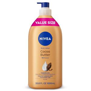 lot 2450 image: NIVEA Cocoa Butter Body Lotion for Dry Skin with Hyaluronic Acid, Cocoa Butter and Deep Nourishing Serum, 72-Hour Body Moisturizer, 33.8 Fl Oz Value Size Pump Bottle