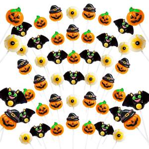 lot 2454 image: Trick or Treat - 32 Halloween Candy Lollipops Bulk, Hatted Jack-O-Lantern, Creepy Eyeball, Flying Bat and Pumpkin-Shaped Suckers Individually Wrapped Lollipop, Halloween Treats Assorted Fruit Flavors