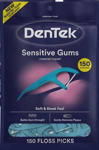 lot 2499 image: DenTek Comfort Clean Sensitive Gums Floss Picks, Soft & Silky Ribbon, 150 Count