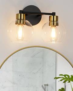 lot 1349 image: WILON 2-Light Bathroom Vanity Light Fixture Over Mirror, Black and Gold Sconces with Clear Globe Glass Shades, E26 Base Wall Lamp for Living Room Bedroom Stairway