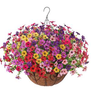 lot 1350 image: HyeFlora Artificial Fake Hanging Plants Flowers with Basket Outdoor Spring Decor, Faux Silk Pink Daisy in Pot Planter Realistic UV Resistant for Porch Home Indoor Patio Balcony Garden Yard