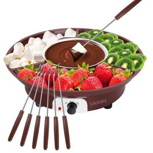 lot 1384 image: VAlinks Electric Chocolate Melting Pot Chocolate Fondue Pot Set 3-Section Serving Trays with 6pcs Dipping Forks Perfect for Housewarming Christmas Party Gifts (Brown)