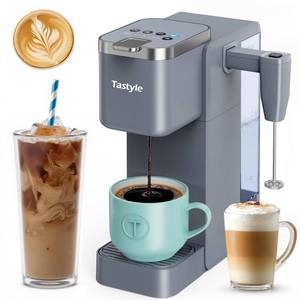 lot 1385 image: Tastyle Single Serve Coffee Maker with Built-in Detachable Milk Frother, Iced and Hot Coffee Machine for K Cup & Grounds, 40oz Removable Water Reservoir, 6 Cup Sizes, Fits 7.3 Travel Mug, Gray