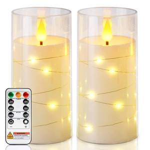lot 2222 image: Homemory Flameless Candles with Embedded Star String Fairy Lights, Battery Operated Candles, LED Candle, Fake Candles with Remote Control and Timer, White, Set of 2(H 6 6)